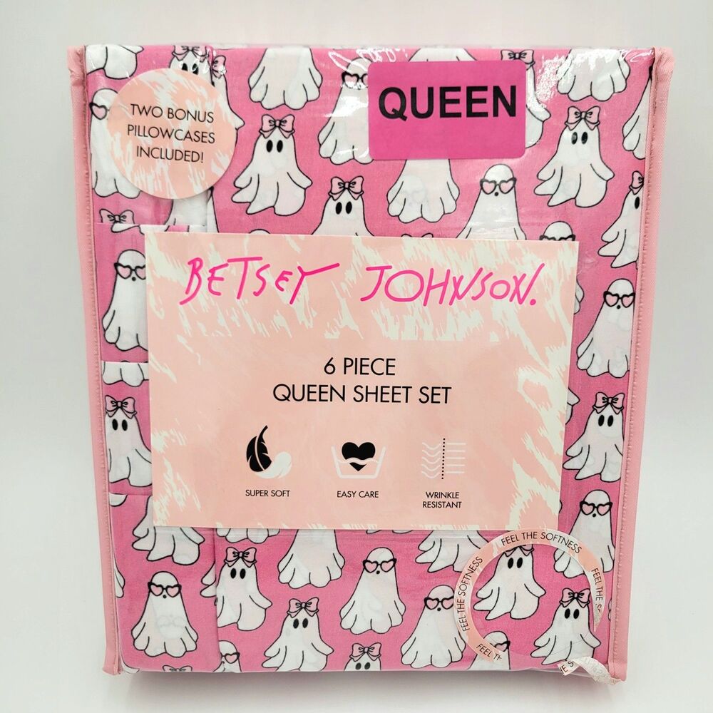 Betsey Johnson Halloween Hey Boo 6 Piece Pink Queen Sheet Set Ghosts Bows Hearts